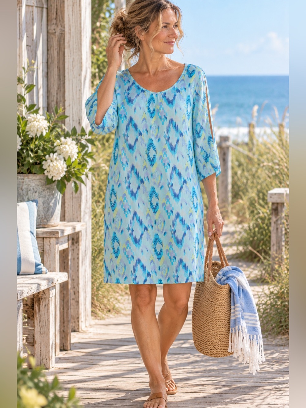 Fresh Produce Womens Beach Cover Up Sz XS Small Blue Ikat Print Tunic Dress